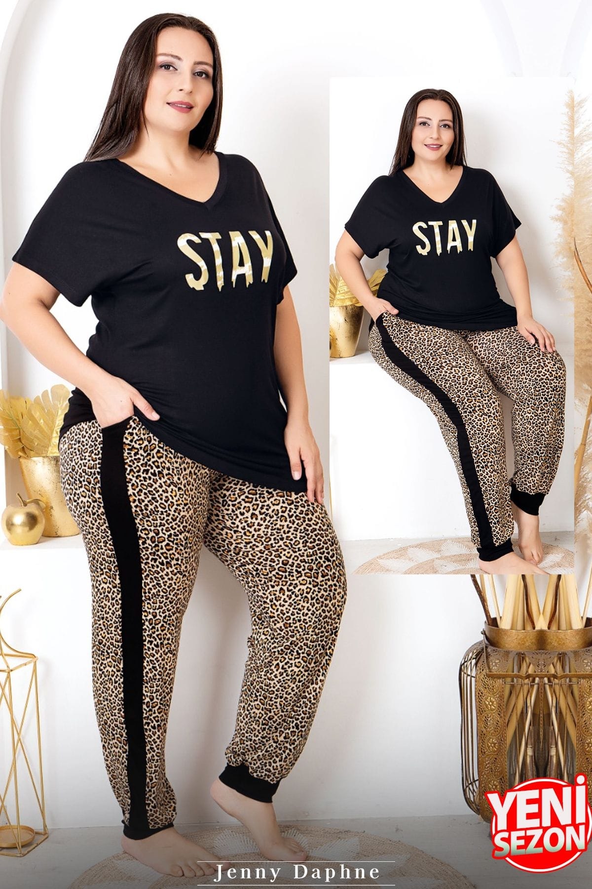 Leopar Desenli Kısa Kollu Büyük Beden Pijama Takımı Lady 10987 - Siyah