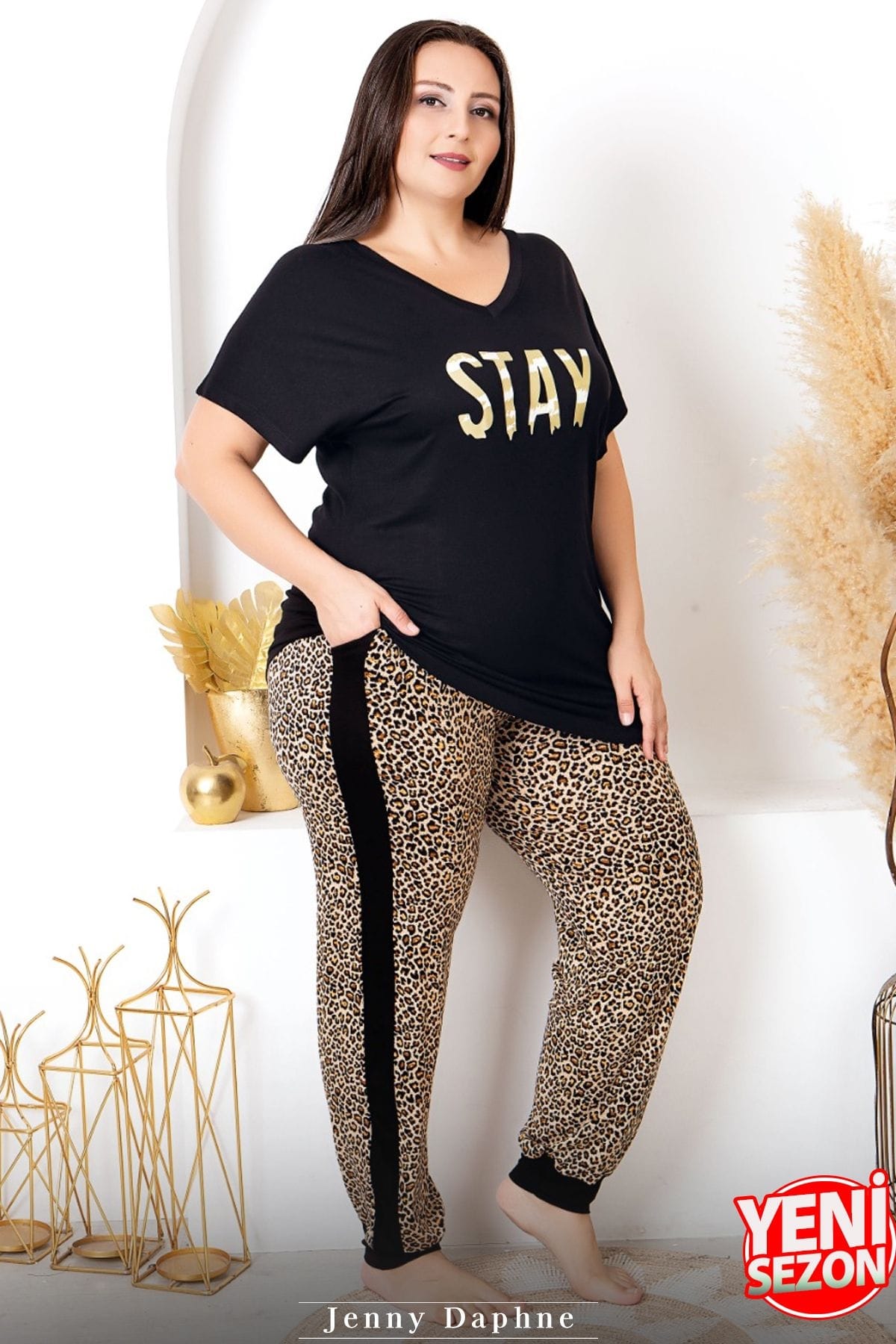Leopar Desenli Kısa Kollu Büyük Beden Pijama Takımı Lady 10987 - Siyah