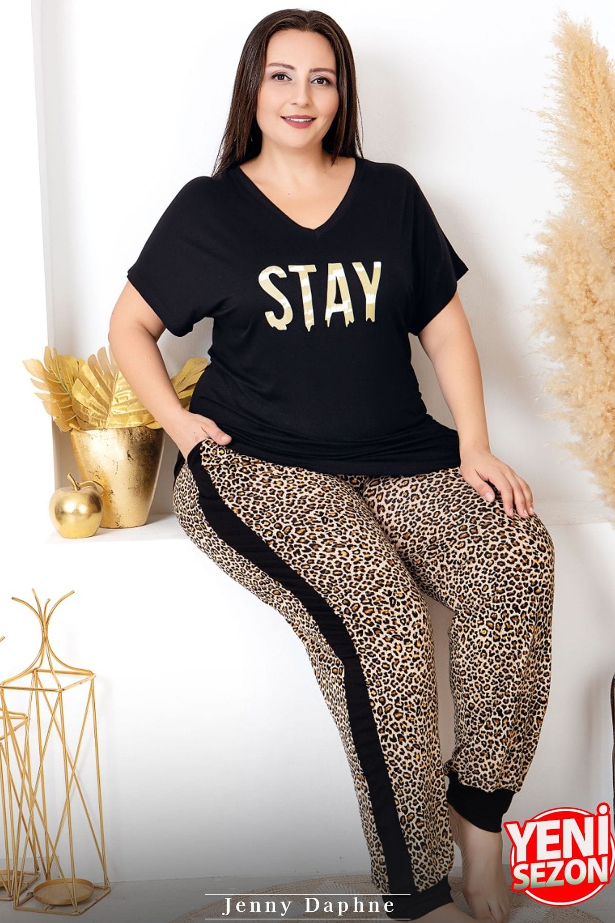 Leopar Desenli Kısa Kollu Büyük Beden Pijama Takımı Lady 10987 - Siyah
