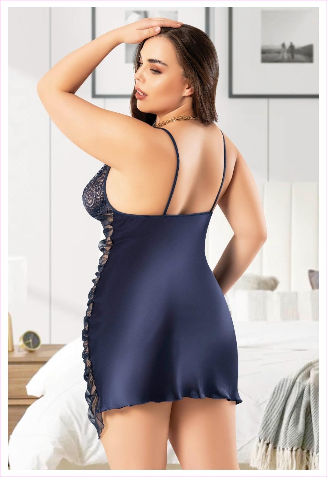 Dantel Detaylı Transparan Büyük Beden Saten Gecelik Miss Laris 4038 - Lacivert