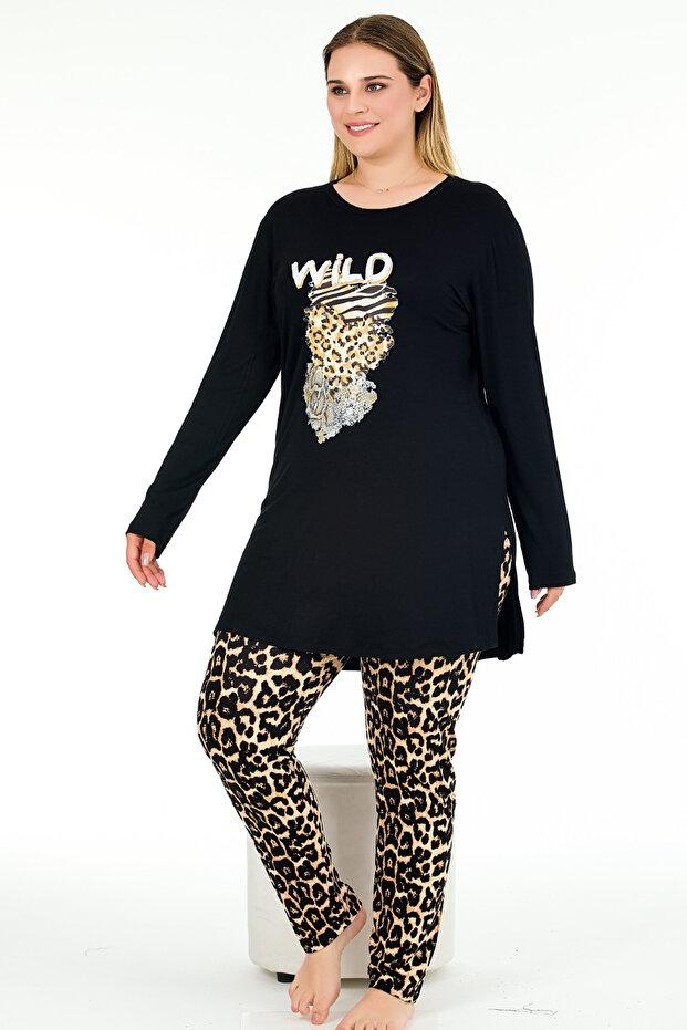 Yanları Yırtmaçlı Leopar Desenli Uzun Kollu Pijama Takımı Lady 11384 - Siyah