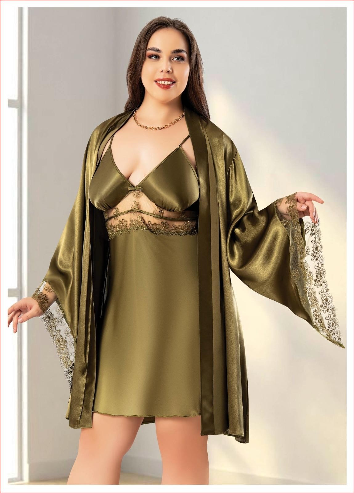 Dantelli Büyük Beden Saten Gecelik Sabahlık Takımı Miss Laris 6011 - Yeşil