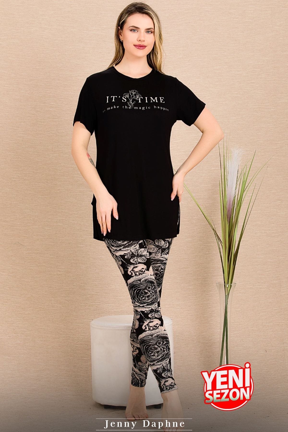 Kısa Kollu Somon Taytlı Pijama Takımı Lady 12485 - Siyah