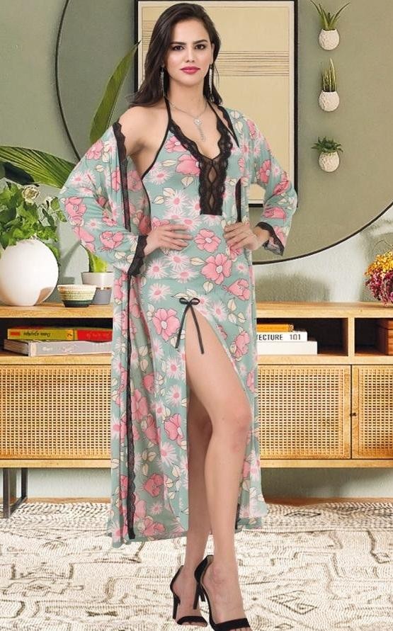 Çiçekli Uzun Sabahlıklı Gecelik Takım İzabel 6005 - Yeşil
