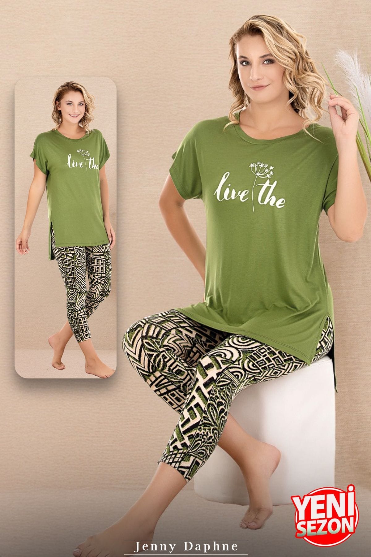 Desenli Rahat Kesim Viskon Kapri Pijama Takımı Lady 12075 - Yeşil