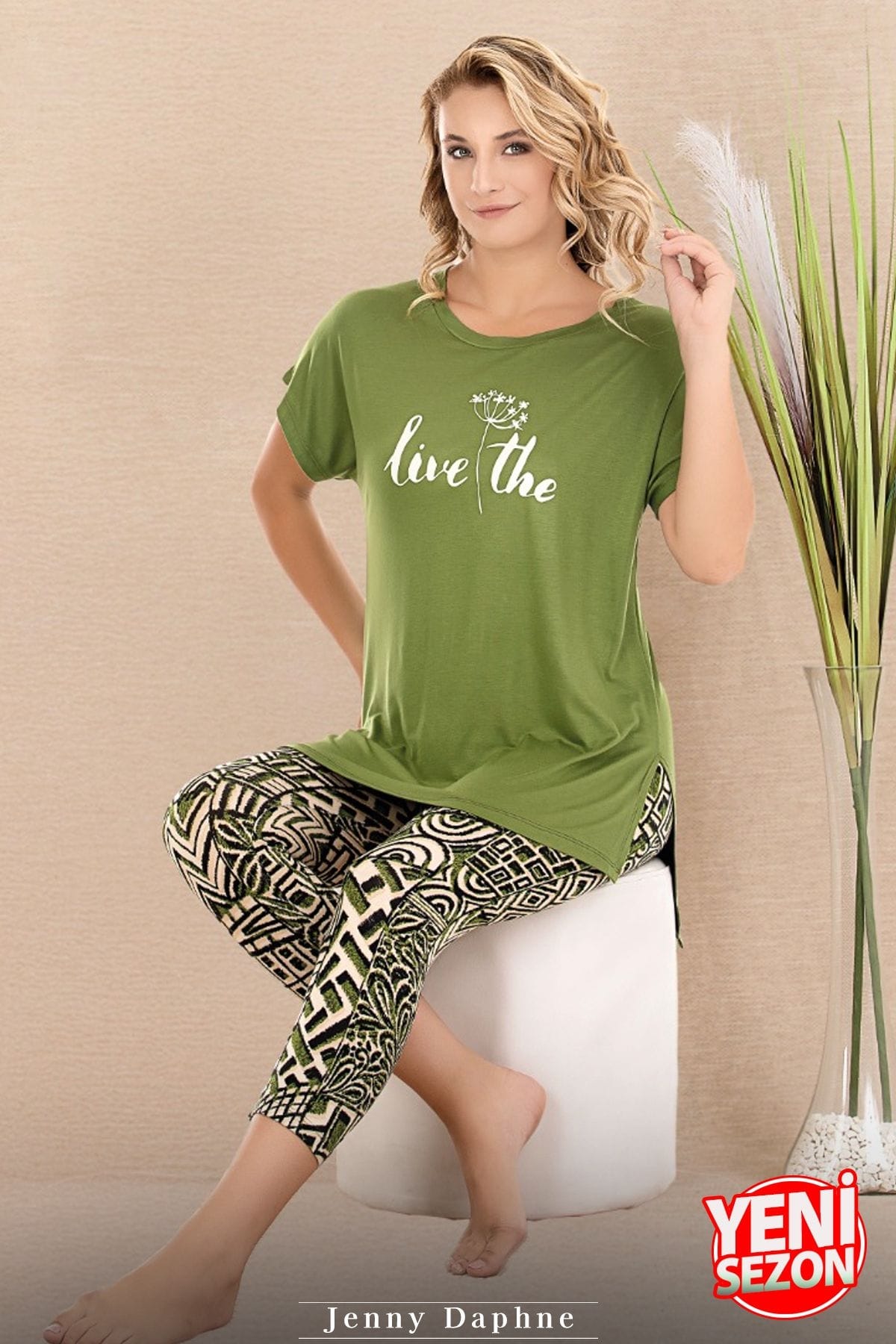 Desenli Rahat Kesim Viskon Kapri Pijama Takımı Lady 12075 - Yeşil