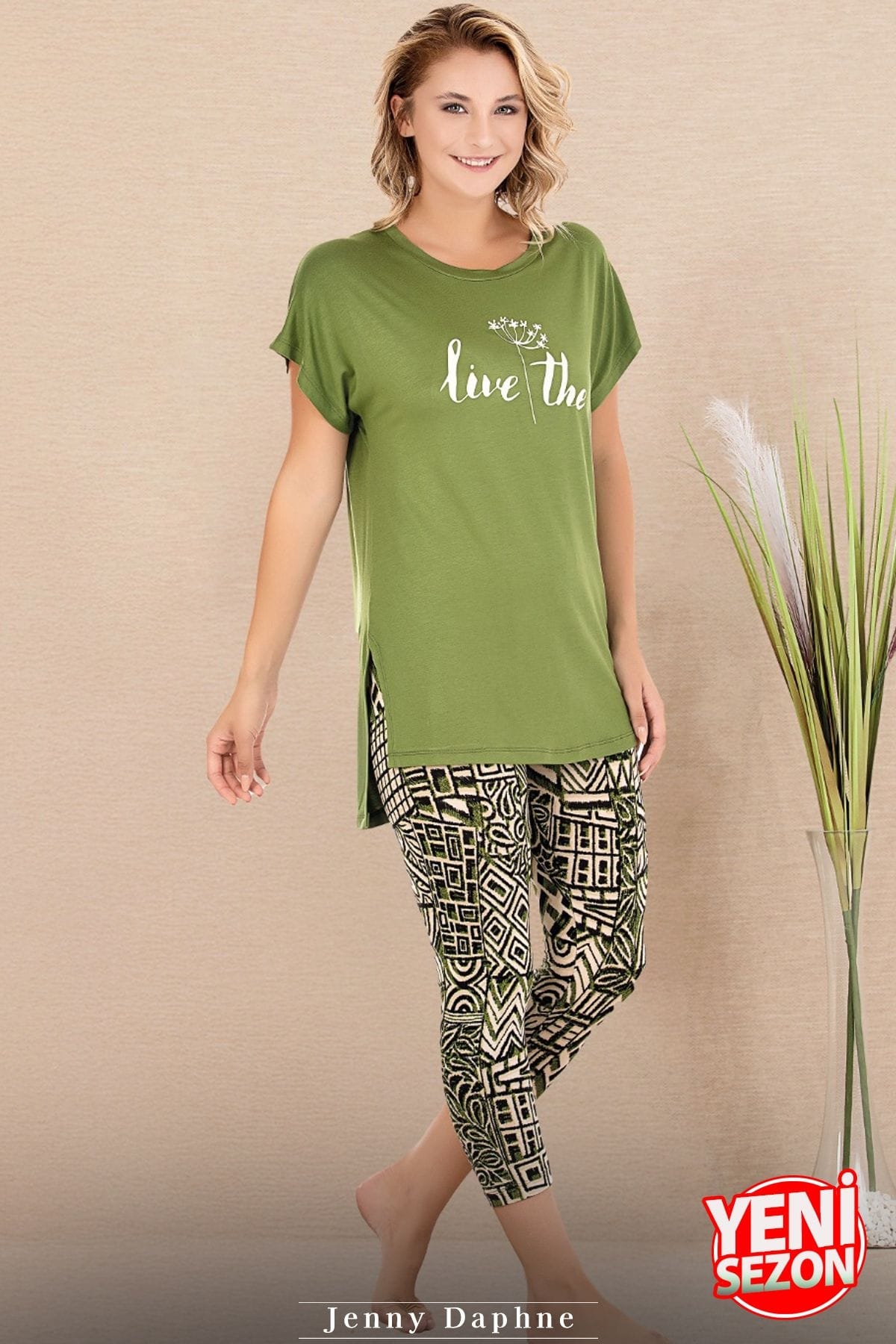 Desenli Rahat Kesim Viskon Kapri Pijama Takımı Lady 12075 - Yeşil