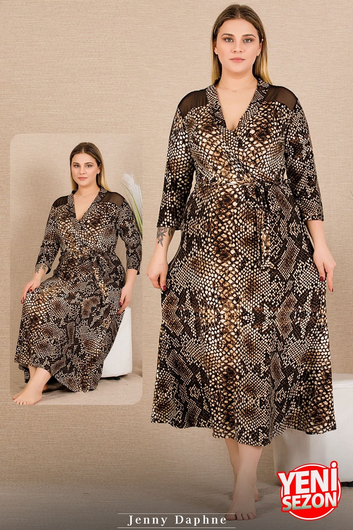 Lady Yılan Desenli Tül Uzun Kollu Elbise Somon Lady 7286