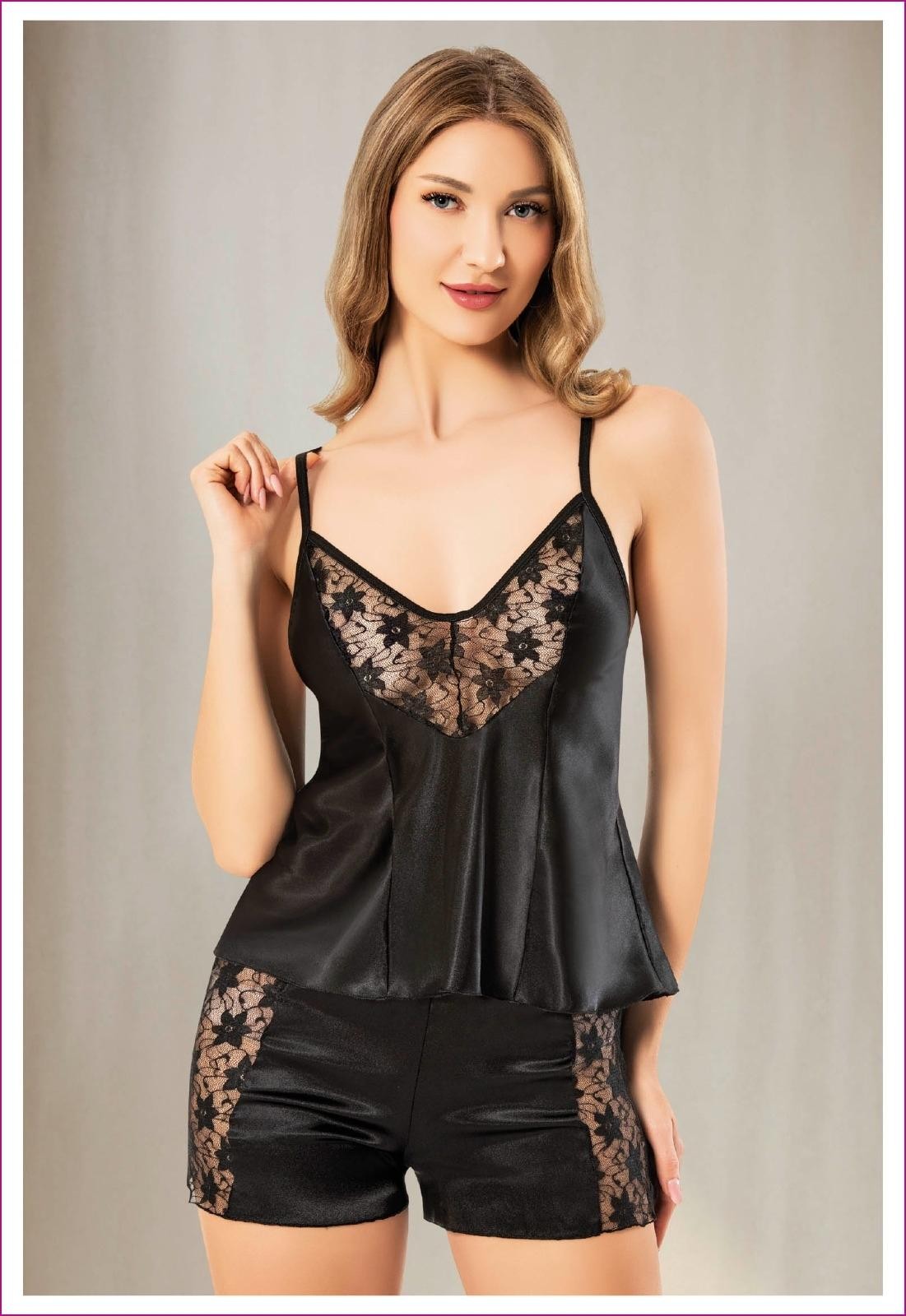 Dantelli İnce Askılı Şort Pijama Takımı Miss Laris 3131 - Siyah