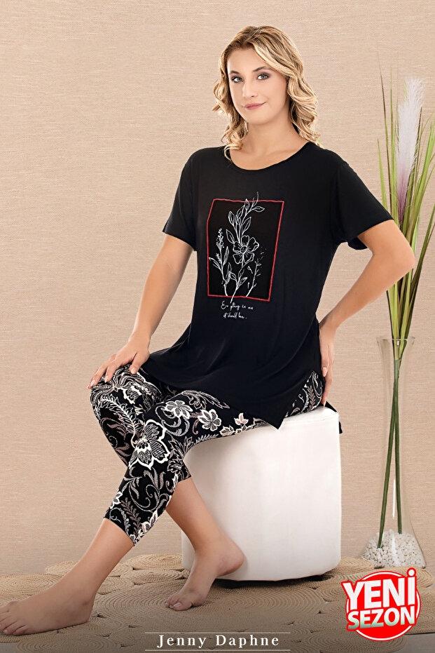 Çiçek Desenli Kısa Kollu Kapri Kadın Pijama Takımı Lady 12078 - Siyah