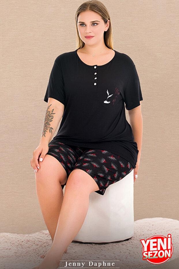 Büyük Beden Kısa Kollu Šortlu Pijama Takımı Lady 10040 - Siyah
