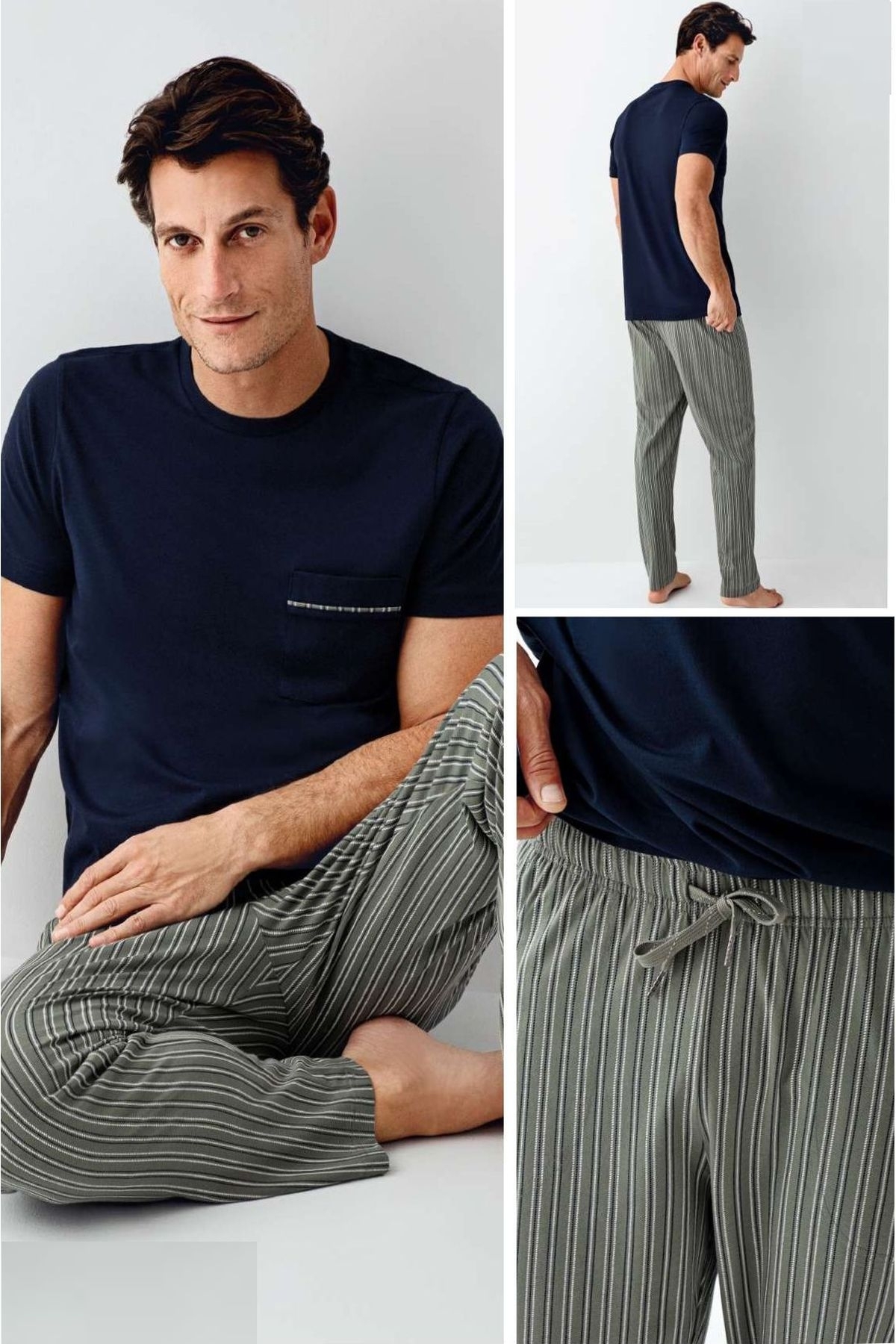 Yuvarlak Yaka Kısa Kollu Çizgili Cepli Erkek Pijama Takımı Arnetta 3011-X - Yeşil