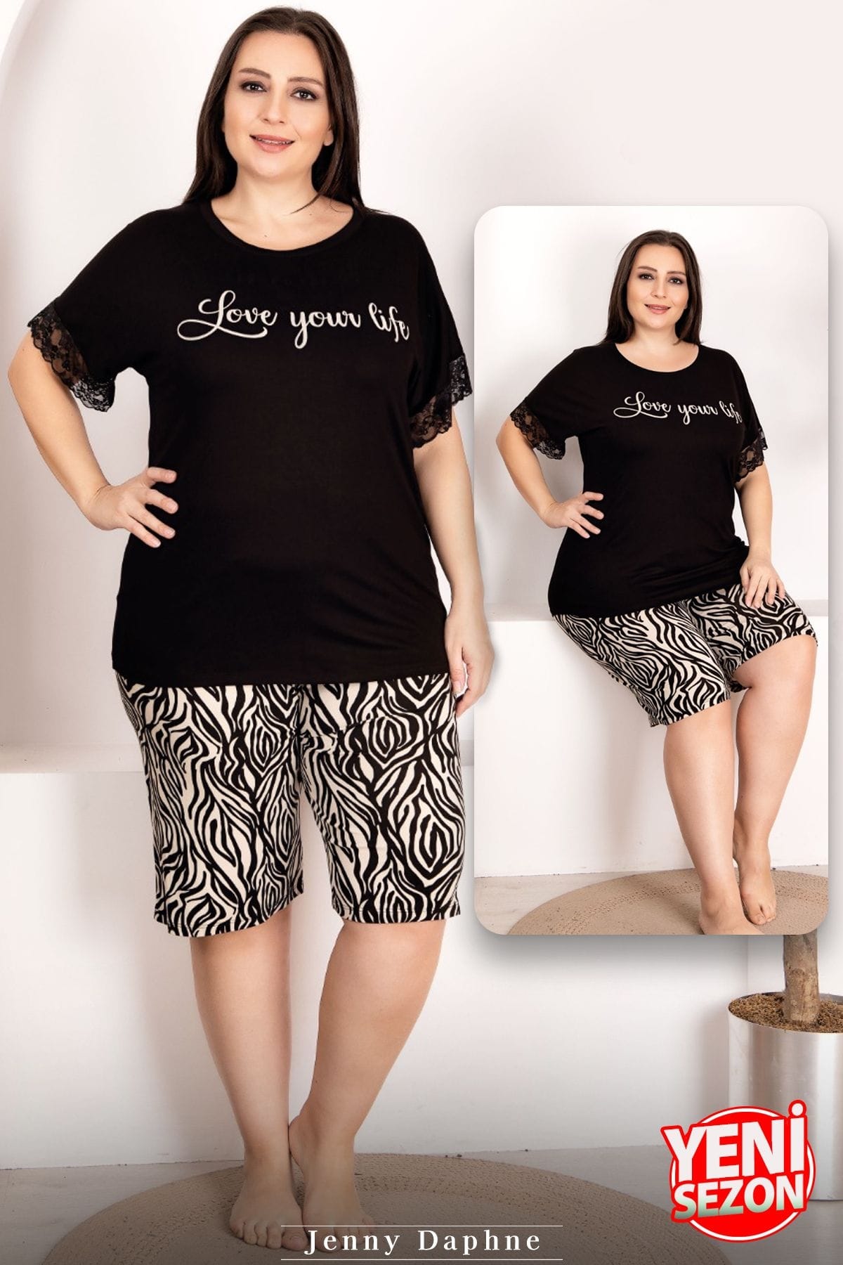 Zebra Desen Büyük Beden Şort Pijama Takımı Lady 10400 - Siyah