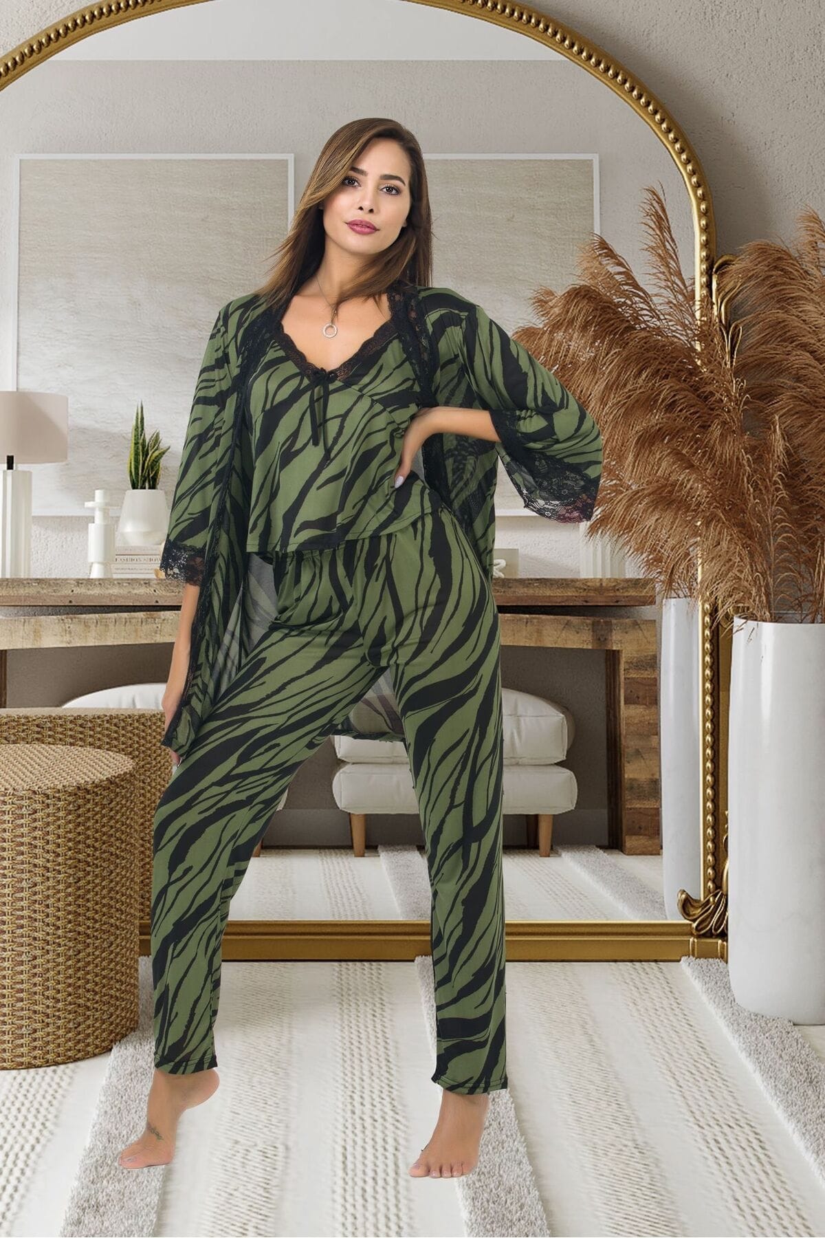 Zebra Desen Yeşil Pijama Sabahlık Takım İzabel 5011 - Yeşil
