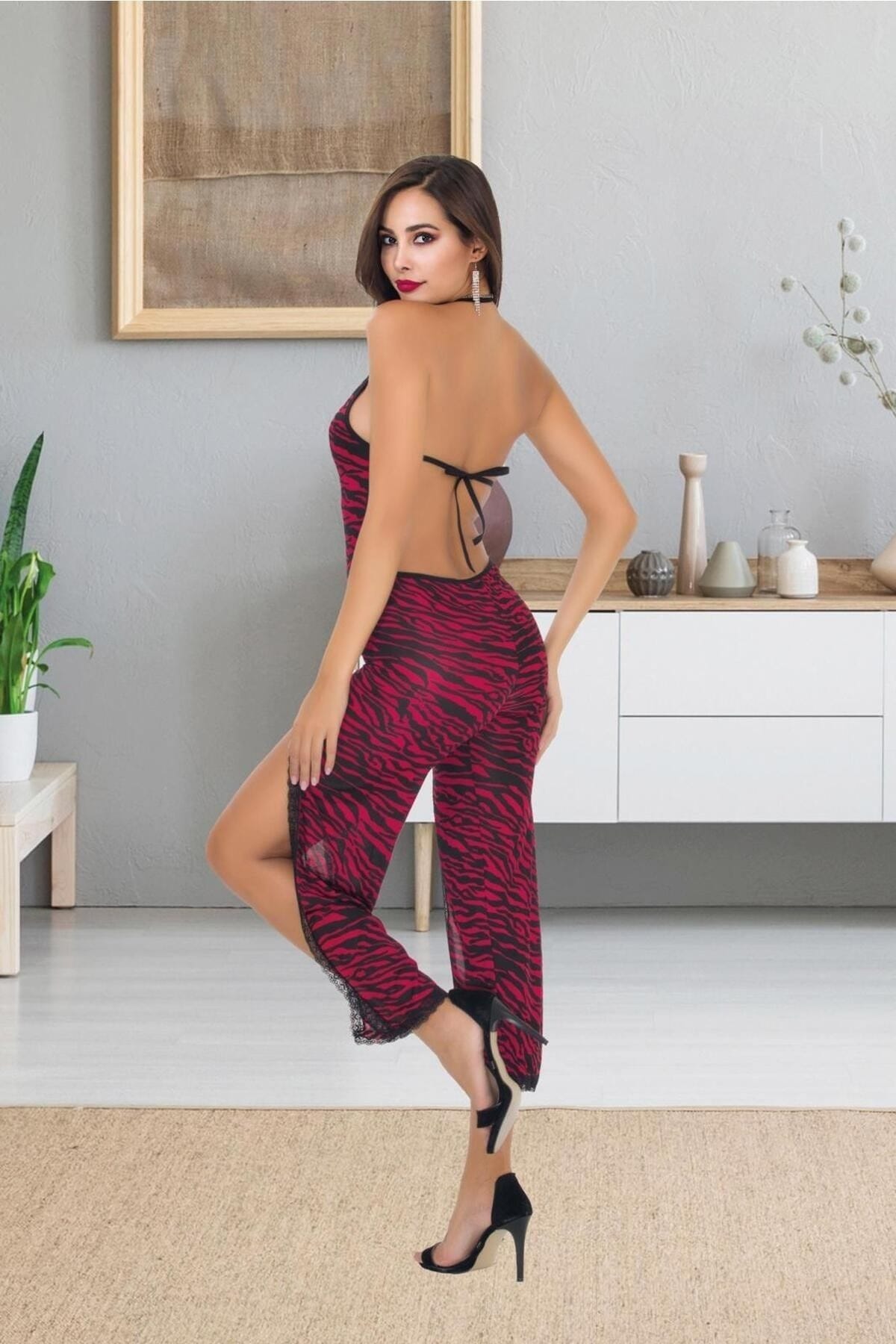 Zebra Desen Yırtmaçlı Fantazi Tulum Gecelik İzabel 504 - Siyah