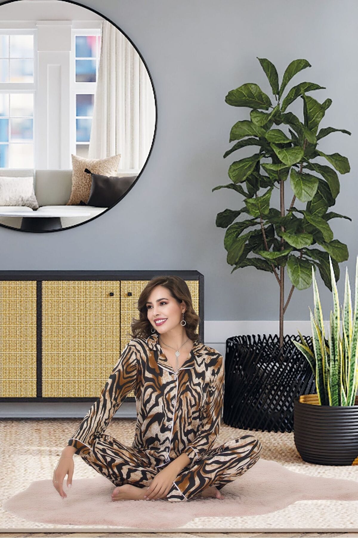 Zebra Desenli Uzun Kollu Pijama Takımı İzabel 4002 - Kahverengi