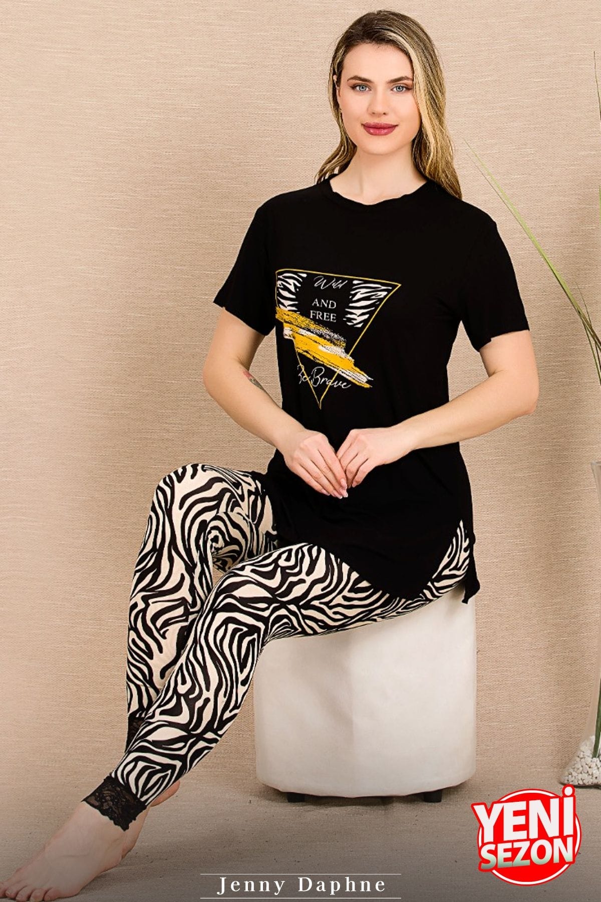 Zebra Desenli Kısa Kollu Pijama Takımı Lady 12484 - Siyah