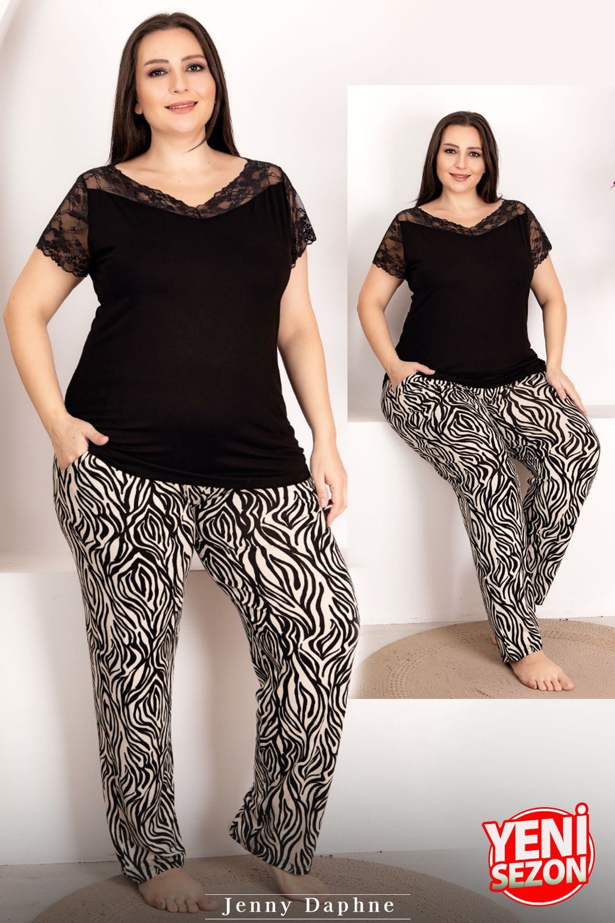 Zebra Desenli Büyük Beden Pijama Takımı Lady 10949 - Siyah