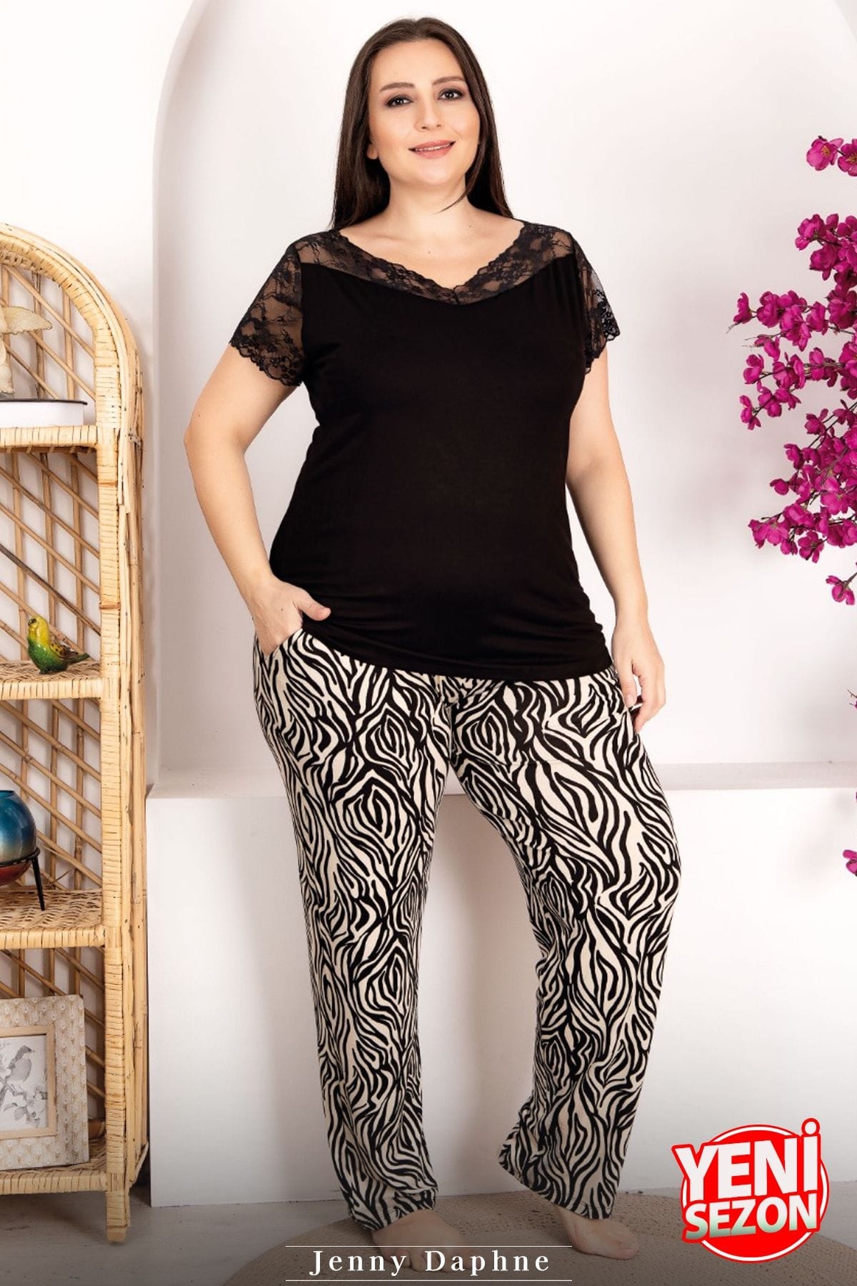 Zebra Desenli Büyük Beden Pijama Takımı Lady 10949 - Siyah