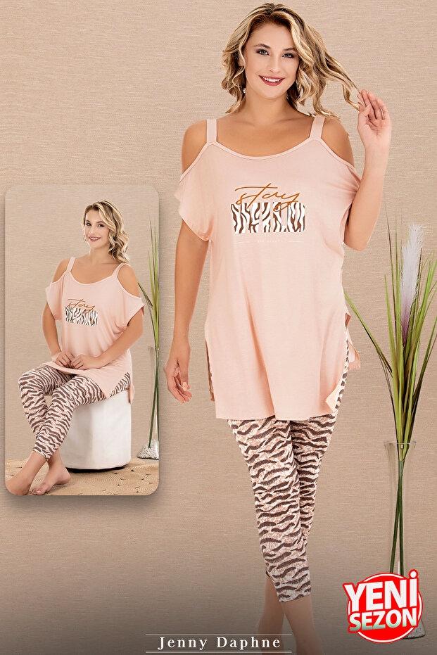 Zebra Desenli Kısa Kollu Kapri Pijama Takımı Lady 12076 - Bej