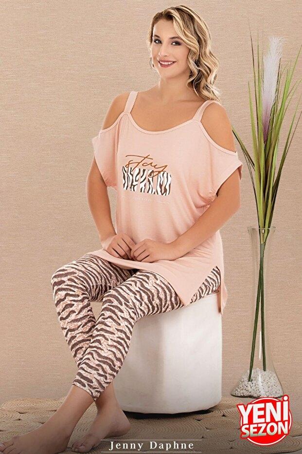 Zebra Desenli Kısa Kollu Kapri Pijama Takımı Lady 12076 - Bej