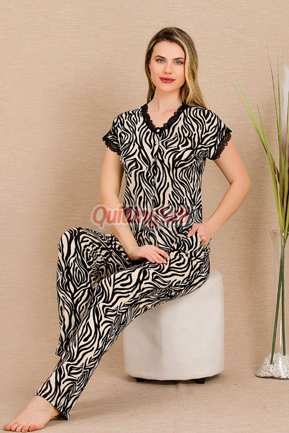 Zebra Desenli Pamuk Viskon Kısa Kol Pijama Takımı Lady 12497 - Siyah
