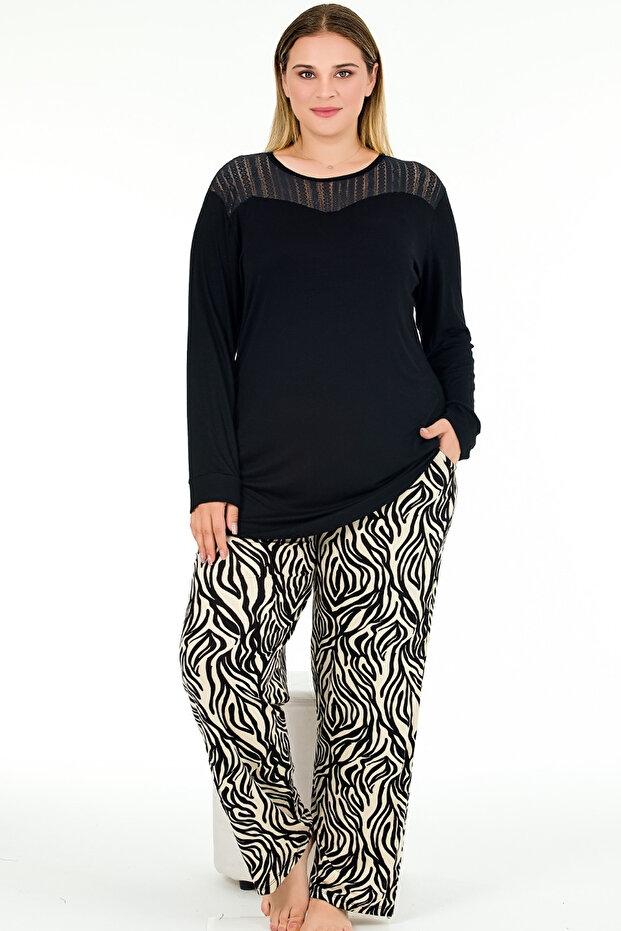 Zebra Desenli Büyük Beden Uzun Kollu Pijama Takımı Lady 11388 - Siyah