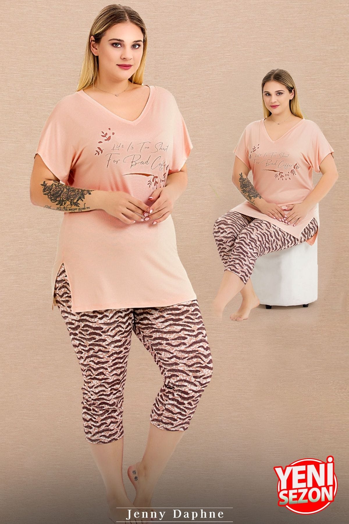 Zebra Desenli Kısa Kollu Kapri Pijama Takımı Lady 10722 - Pudra
