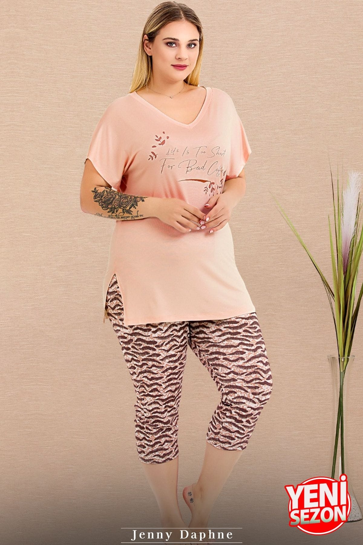 Zebra Desenli Kısa Kollu Kapri Pijama Takımı Lady 10722 - Pudra