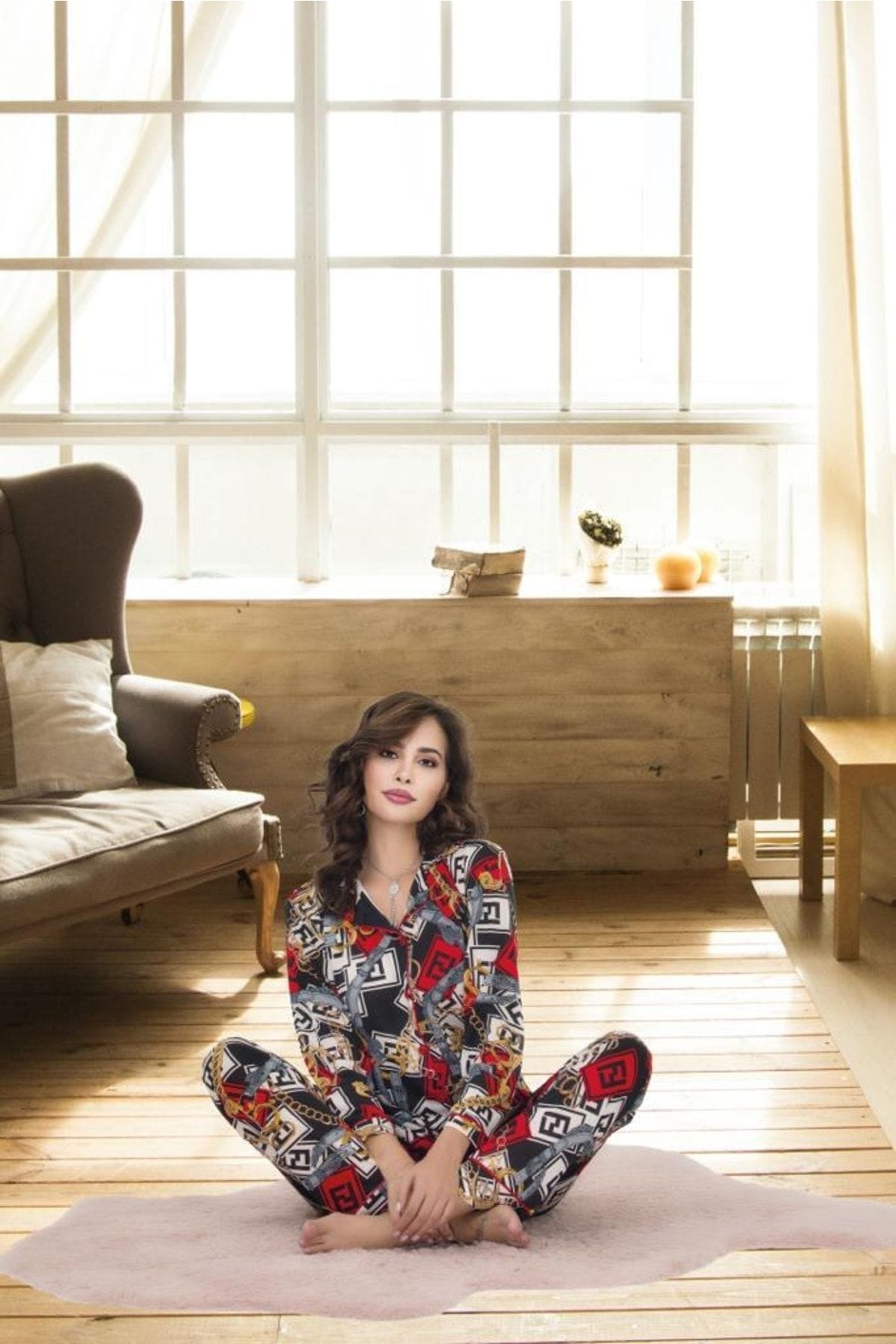 Zincir Desenli Gömlek Yaka Kadın Pijama Takımı İzabel 4004 - Görsel
