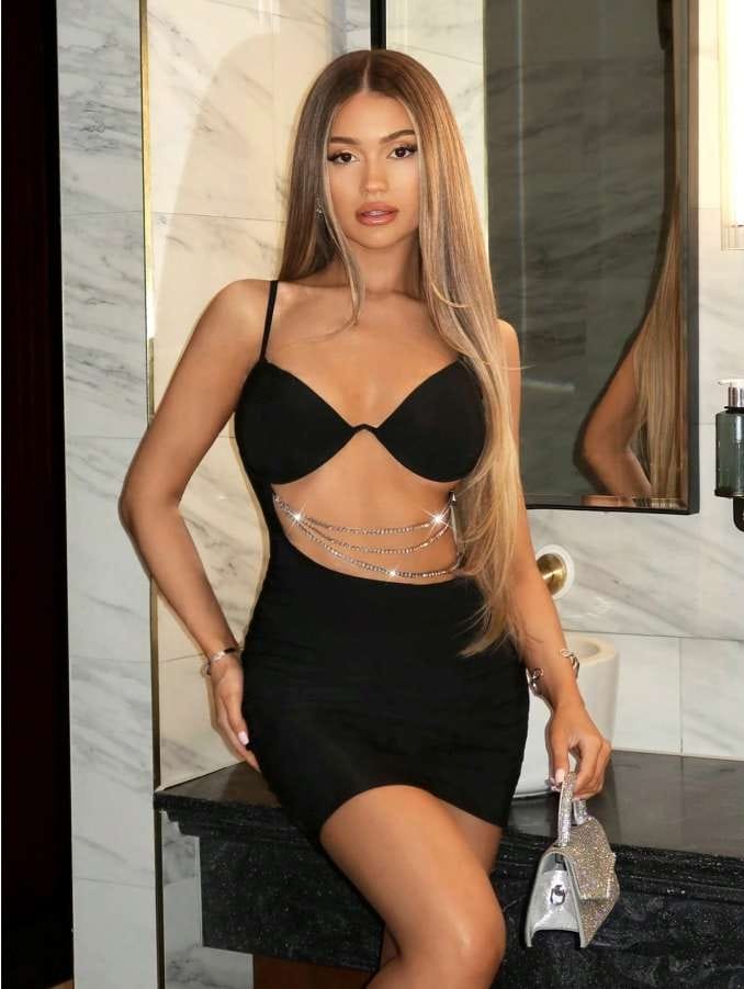 Zincir Detaylı Siyah Midi Seksi Elbise Real Passione 1033 - Siyah