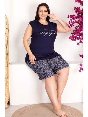 Büyük Beden Ekru Çizgili Sıfır Kollu Şortlu Pijama Takımı Lady 10418