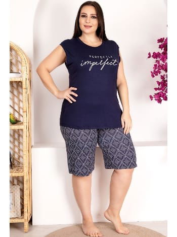 Büyük Beden Ekru Çizgili Sıfır Kollu Şortlu Pijama Takımı Lady 10418 - 2