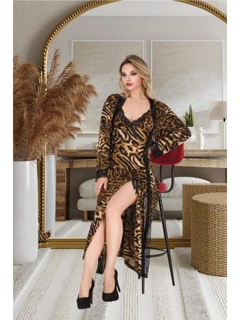 Fuşya Leopar Desenli Uzun Sabahlık Gecelik Takımı İzabel 6008