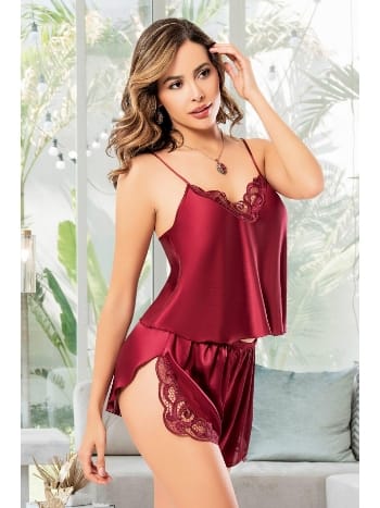 İnce Askılı Yırtmaçlı Fantazi Şort Takım Bordo Miss Laris 3015