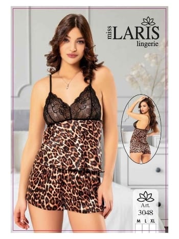 Leopar Desen Dantelli Kadın Şort Pijama Takımı Miss Laris 3048