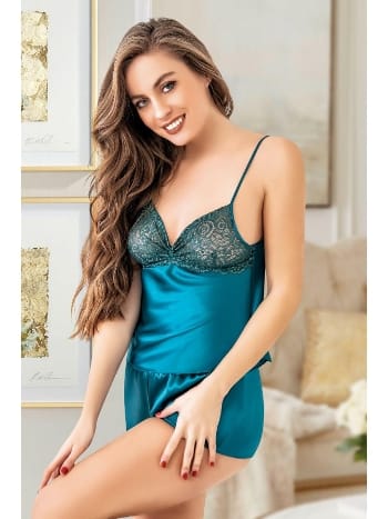 Göğüs Dantelli Askılı Saten Kadın Şort Pijama Takımı Miss Laris 3074