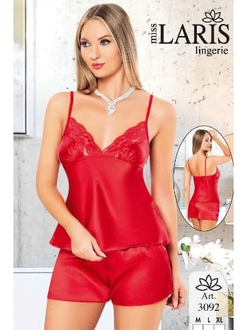 Kırmızı İnce Askılı Saten Şort Pijama Takımı Miss Laris 3092