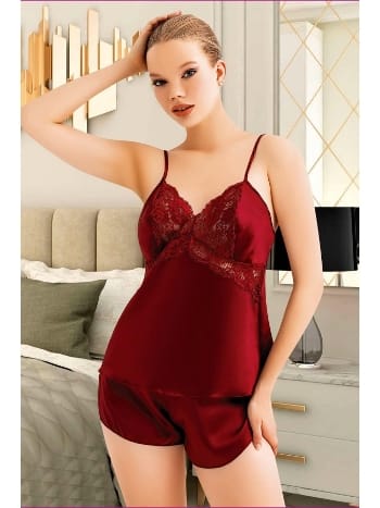 Saten Bordo Askılı Şort Pijama Takımı Miss Laris 3096