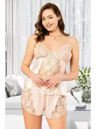 Saten Transparan Büyük Beden Fantazi Şort Takım Miss Laris 4216