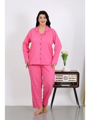 Uzun Kollu Büyük Beden Penye Cepli Pembe Kadın Pijama Takım Akbeniz 202504