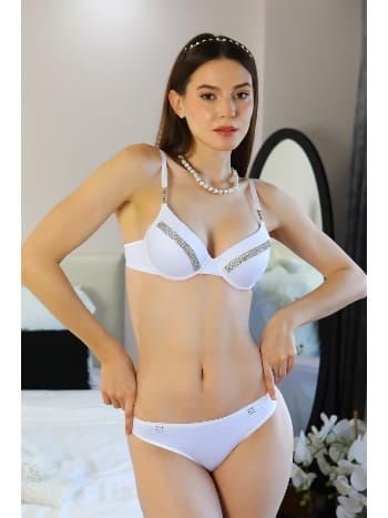 Push Up Taş Süslemeli Kadın Sütyen Takım Ekru Akbeniz 3001