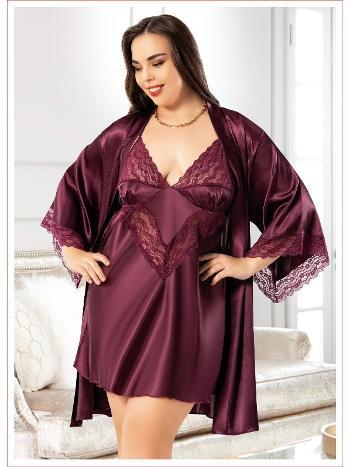 Dantelli Asimetrik Büyük Beden Saten Gecelik Sabahlık Takımı Miss Laris 6005
