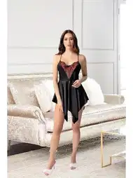 Saten İnce Askılı Asimetrik Kesim Gecelik Siyah Pink Night 3809