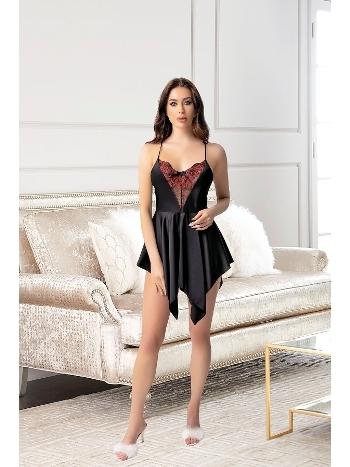 Saten İnce Askılı Asimetrik Kesim Gecelik Siyah Pink Night 3809