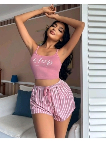 Askılı Leopar Desenli Beli Lastikli Şortlu Pijama Takımı Ruselin 5002