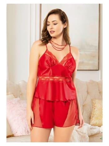 Askılı Saten Kırmızı Büyük Beden Şort Takım Miss Laris 4224