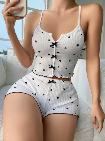 Askılı Şort Pijama Takım Beyaz Rahat Kesim Lily Bianca 13113