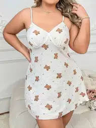 Ayıcık Desenli Askılı Kadın Gecelik Beyaz Lily Bianca 13043