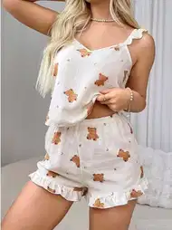 Ayıcık Desenli Rahat Şort Takım Kadın Pijama Lily Bianca 13039